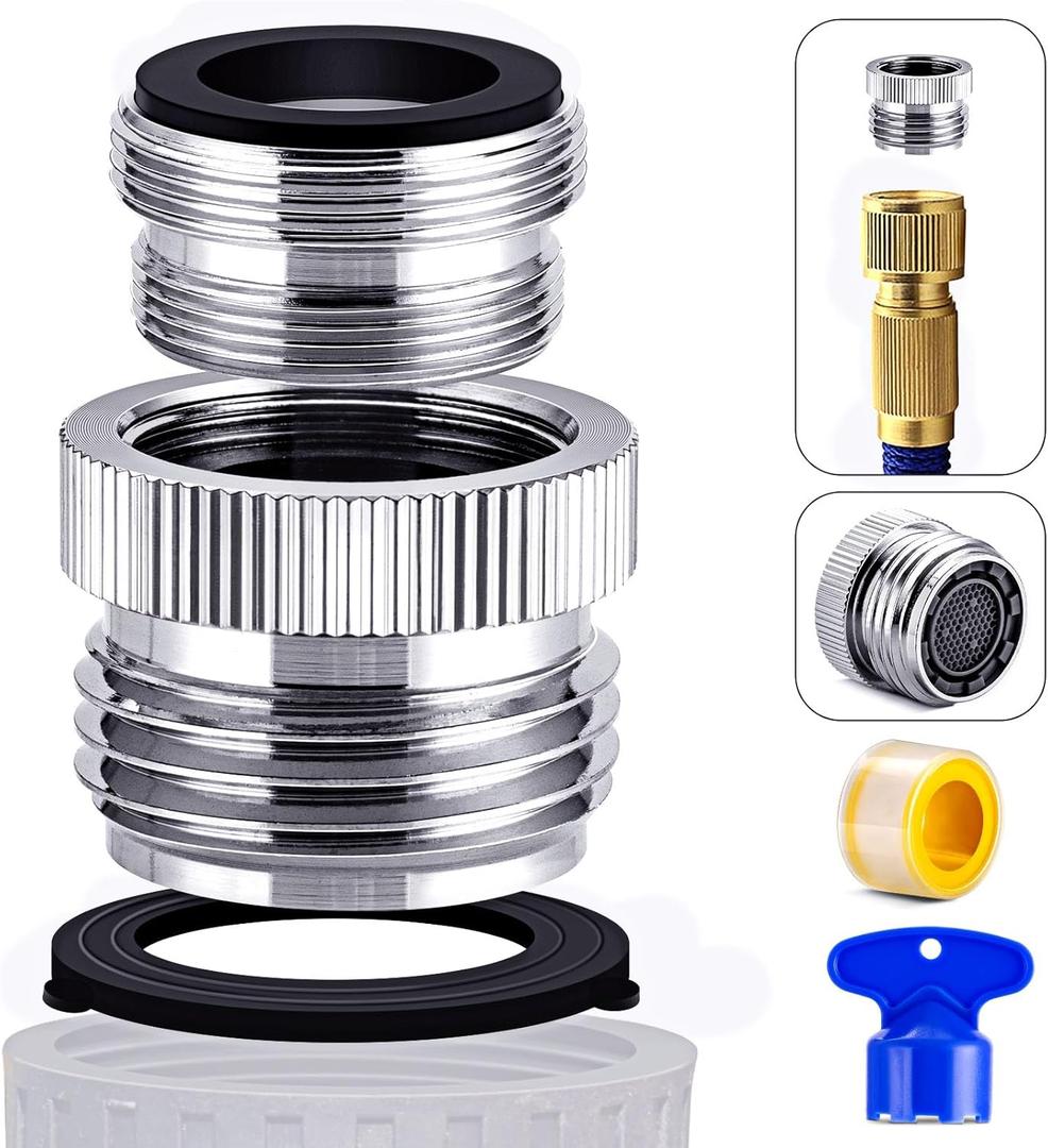 Faucet to Garden Hose Adapter Kit with Aerator Removal Key, Utility Sink 55/64" Female Garden Hose Attachment for 3/4" Male Faucet Adapater, Brass Chrome Finished Garden Hose Adapter (Upgraded)