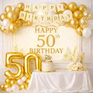 50th Birthday Decorations for Women, Elegant Champagne Gold Happy 50th Birthday Decorations for Her with Banner, Crown & Sash, Cake Topper, 50 Number Balloons and Backdrop