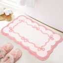 Pink Scalloped Bow Bathroom Rug - 20x32 Inch Cute Coquette & Preppy Bath Mat for Apartment, Vanity & Dorm, Soft Plush Microfiber Mat, Non-Slip & Washable (White and Pink)