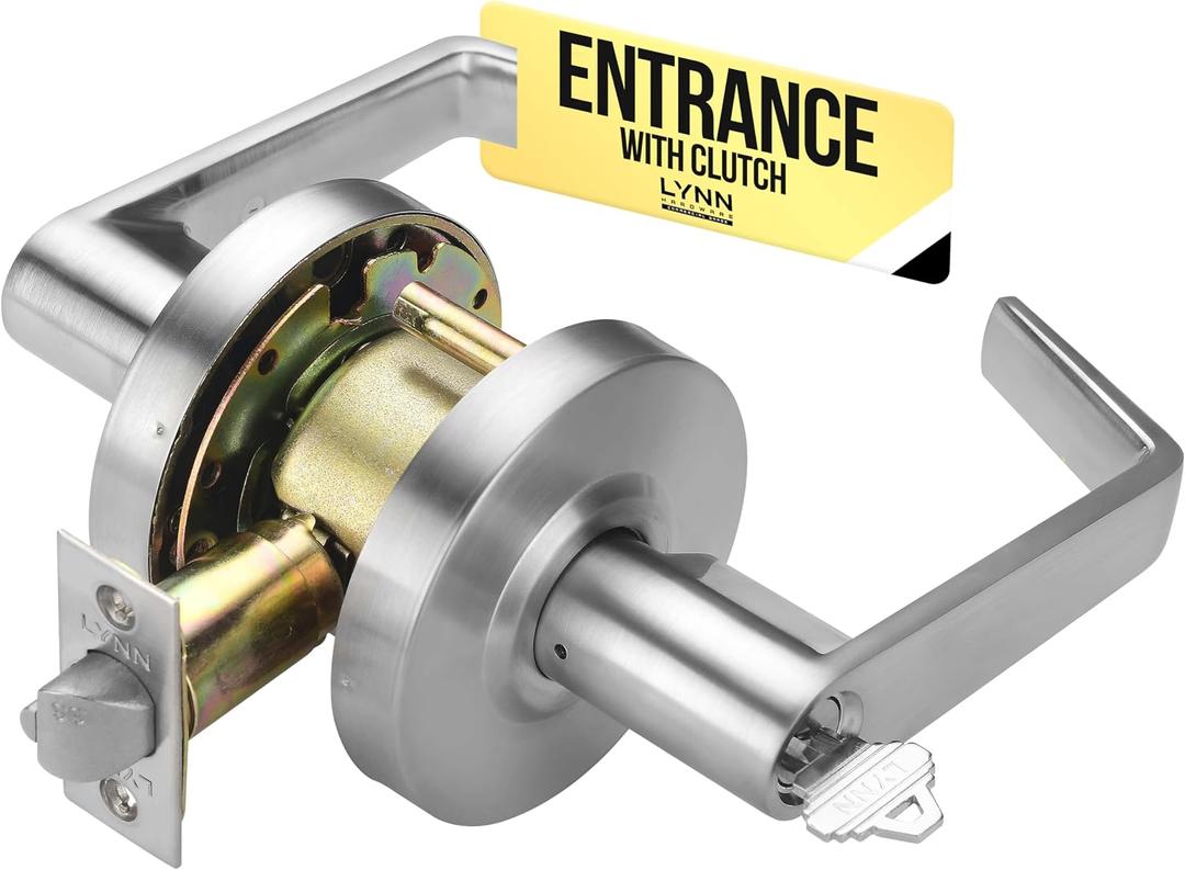 LYNN HARDWARE - ENTRANCE WITH CLUTCH Commercial Door Lock - Heavy-Duty Designer Handles for Doors - Durable Grade 2 Indoor Locks for Doors - Cylindrical Door Handle Lock - ADA Compliant - Satin Chrome