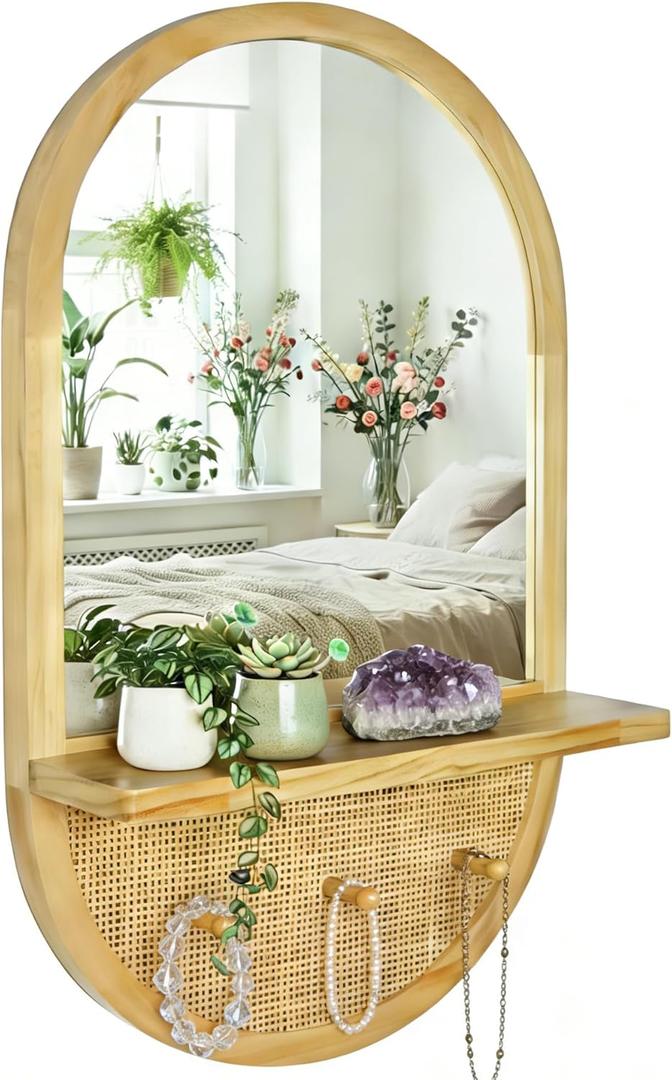 Wood Wall Mirror with Hooks, 30x18 Inch Boho Wall Mirror with Removable Shelf, Oval Solid Wood Framed, Handmade Rattan Mirror Decor Accent for Entryway, Bathroom, Nursery, Bedroom, Living Room