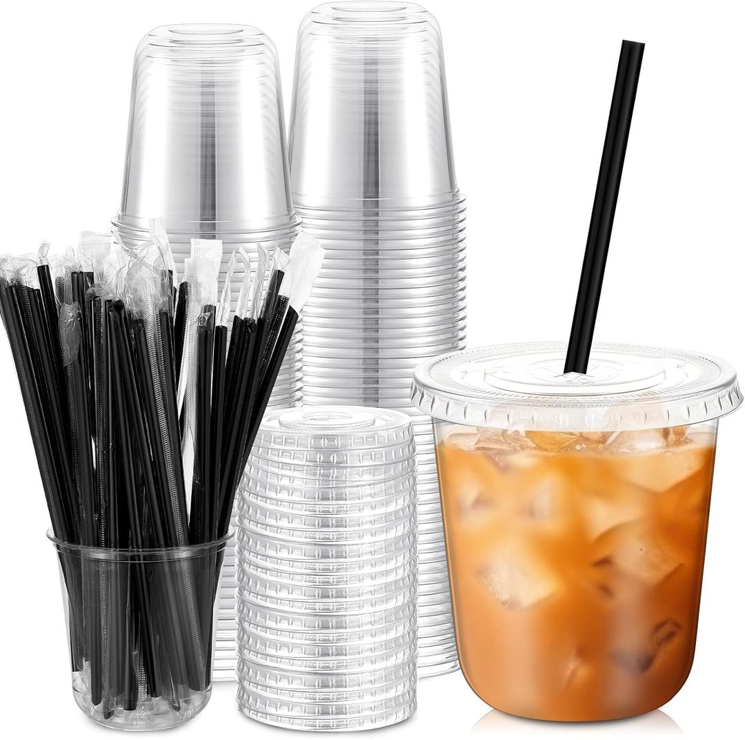 50 Set 12 oz Clear Plastic Cups with Lids and Straws, PET Disposable Iced Coffee Cups for Drinking Cold Beverage Juice Parfait Smoothie Milkshake Coffee Shops Party Supplies (Clear)