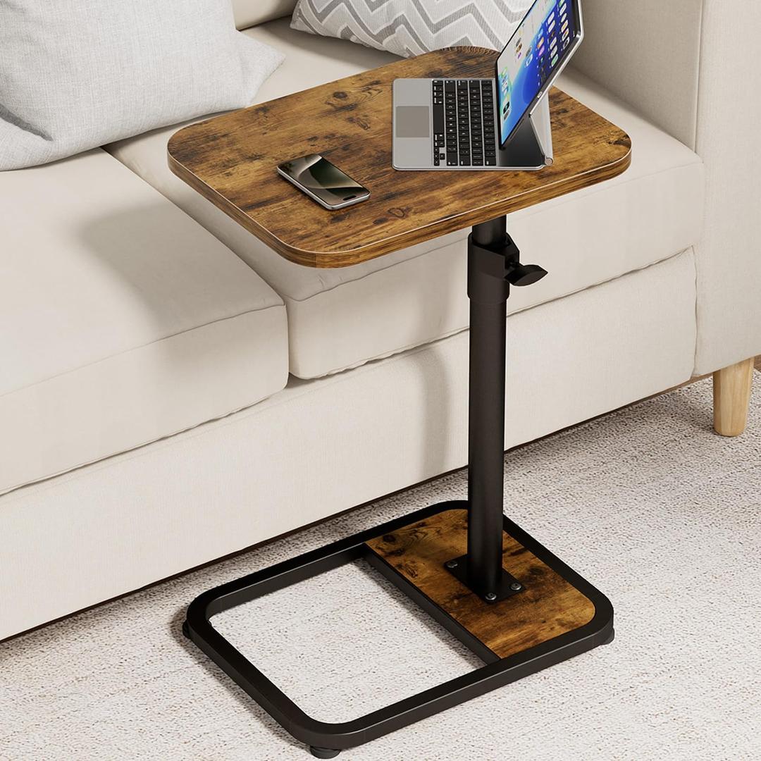 GOYLSER C-Shaped Tables Small Swivel End Table, Height Adjustable Side Tables Living Room, Snack Couch Wooden Tv Trays for Eating On Couch, Rustic Brown