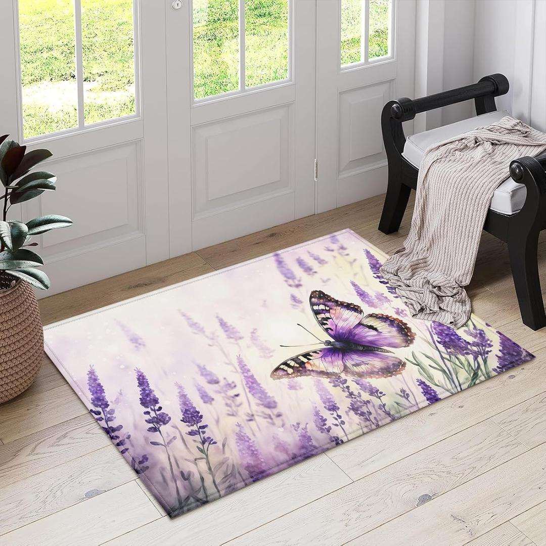 Purple Butterfly Lavender Indoor Door Mat, Outdoor Entrance Doormat for Entryway Kitchen Bathroom 17 X 29 Inch