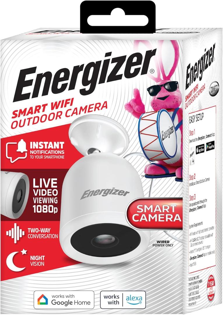 Energizer Smart Outdoor 1080P Security Camera with 2-Way Audio, Night Vision, Instant Alerts, Cloud Storage, Remote Access, Voice Control Compatible with Alexa & Google Assistant, Black (White)
