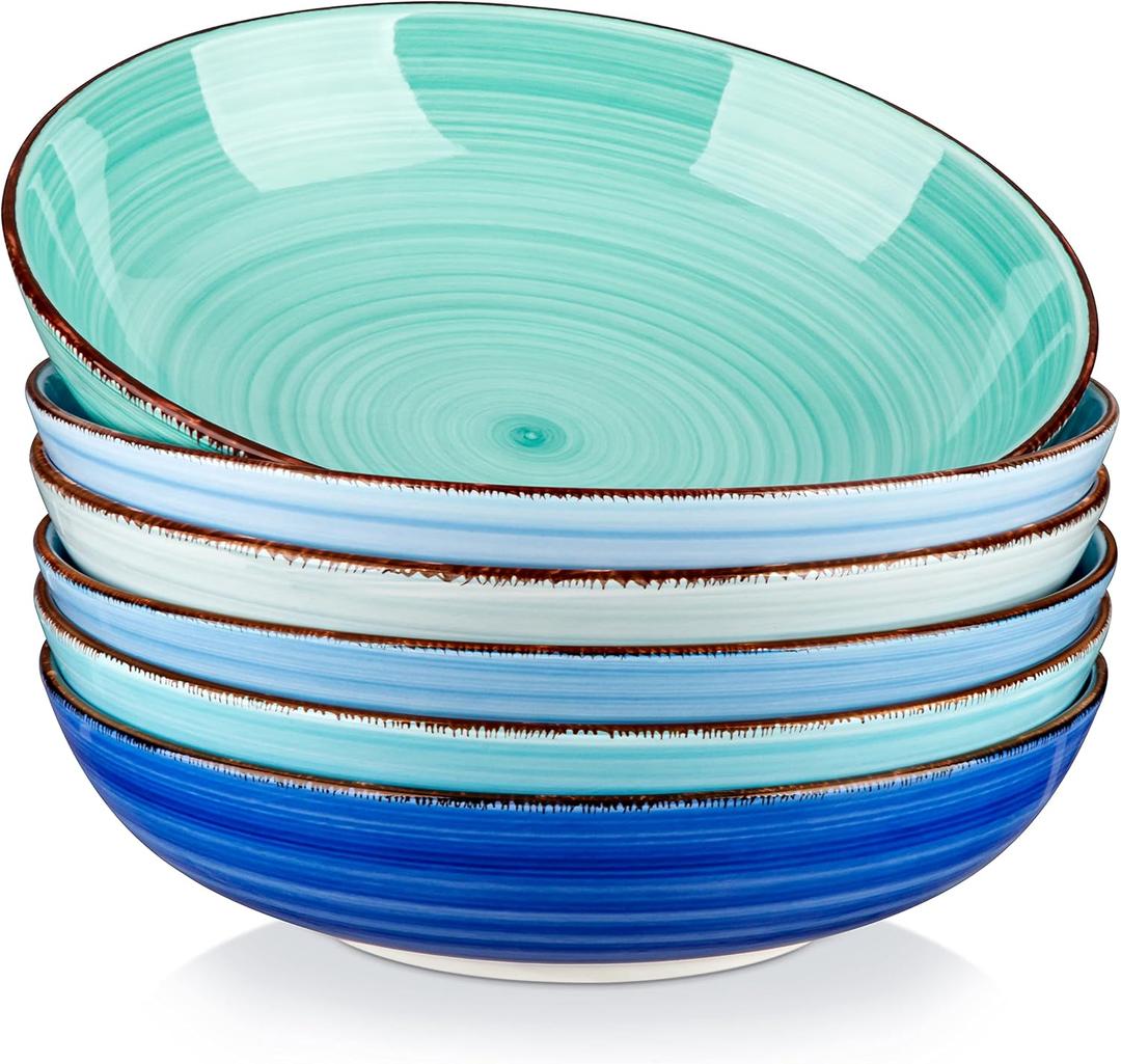 vancasso Bonita Pasta Bowls Set of 6, 38 oz Shallow Bowls, Ceramic Pasta Plates and Salad Bowls, Microwave & Dishwasher Safe Serving Bowls, Blue (Cool Color)