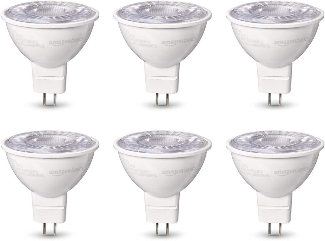 Amazon Basics MR16 LED Light Bulb, 50 Watt Equivalent, Energy Efficient 7W, GU 5.3 Base, Daylight White 5000K, Dimmable, 10,000 Hour Lifetime, 12V Low Voltage, 6-Pack