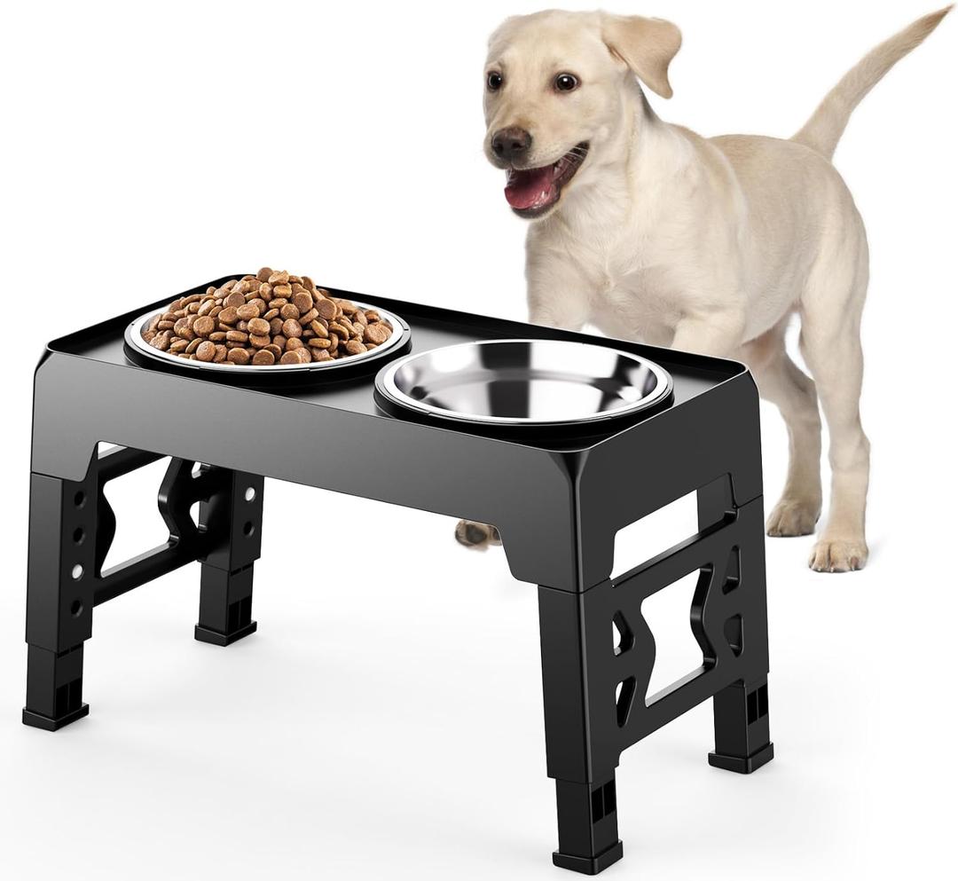 Elevated Dog Bowls Stand Adjustable 5 Heights, 45CM Foldable Dog Feeding Station with 2 Stainless Steel Bowls, Pet Bowl Elevated for Medium Large Dogs, Non-Slip Water Food Feeder, Black