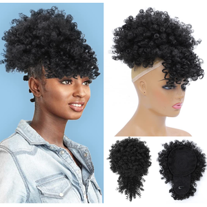 Fayasu Afro Puff Drawstring Ponytail with Bangs Short Ponytail Hair Extension Black Girl Kinky Curly Hair Clip in Bangs Updo Hairpieces for Black Women (1B)