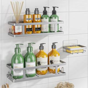 Adhesive Shower Caddy,Shower Shelves with Soap Holder and 12 Hooks,Rustproof No Drilling Bathroom Organizer and Storage,Silver,3 Pack