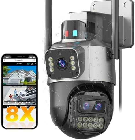 PTZ Security Camera Outdoor, Dual Lens 8X Digital Zoom Outside Cameras for Home Security with Cord, IP66 Waterproof, AI Tracking, Light Alarm, Color Night, 2-Way Talk, 24/7 Record,SD/Cloud