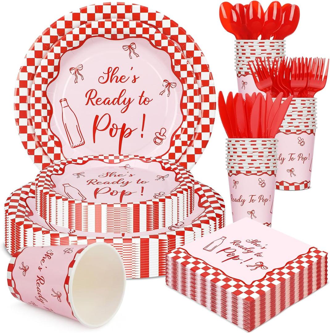Hushee 175 Pcs She's Ready to Pop Baby Shower Decorations Baby Shower Plates and Napkins Red and White Tableware for Guest Serve 25 Gender Reveal Newborn Party