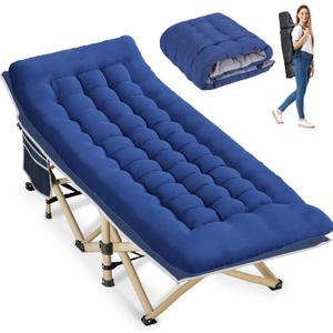 Folding Camping Cot for Sleeping, Portable Cots for Adults, Heavy Duty Cot Bed 550LBS(Max Load), Extra Wider Cots with Large Pocket for Outdoor, Office, Beach (Blue(with Mattress))