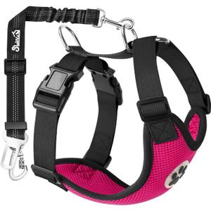 SlowTon Dog Seat Belt Harness for Car, Dog Car Harness Adjustable Mesh Breathable & Dog Seatbelt Safety Tether with Elastic Bungee for Pets(Fuchsia, Double Clip, M)
