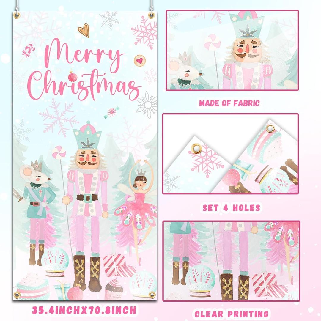 Pink Nut-cracker Christmas Door Cover Decoration, Merry Christmas Supplies, Nut-cracker Door Hanging Backdrop for 2023 Winter Xmas Decoration