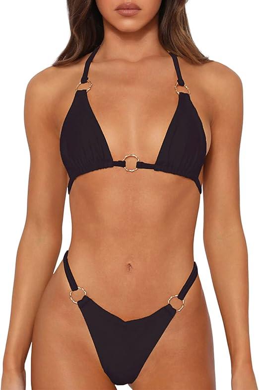 Sexy Bikinis for Women 2 Piece Bikini Spaghetti Strap Swimsuits Solid Color Bathing Swimwear Triangle Bathing Suit (Black,Medium)