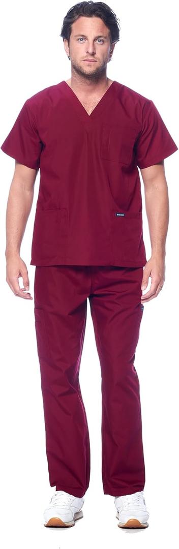 Dagacci Scrubs for Men Set - V-Neck Scrub Top and Cargo Pants - 8 Pockets Men Scrubs Set (Large, Burgundy)