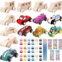 WOWOSS 14 Pcs Wooden Cars to Paint, Unfinished Wooden Craft Painting Toys for Students, Race Car Party Birthday Party Favors, with 3 Sets of Paint & 5 Car Sticker Sheets