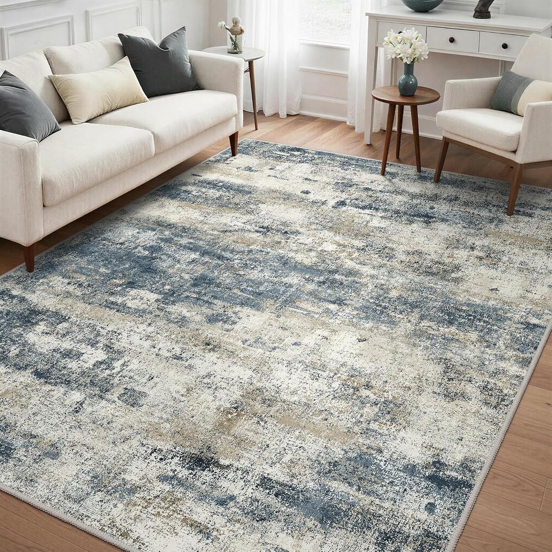 8x10 Area Rugs Washable Blue Rug for Living Room Bedroom, Abstract Modern Large Rug Non Slip, Water Repellent Low Pile Soft Carpet for Dining Room, Navy Blue
