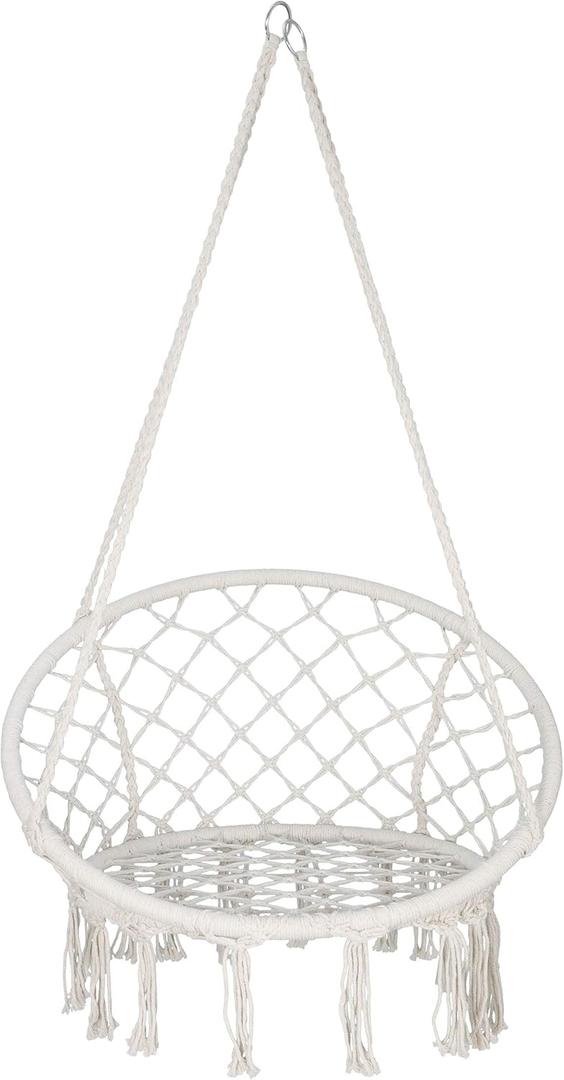 Hammock Chair Macrame Swing, Bohemian Style Round Hanging Chair, Handmade Knitted Cotton Rope Hammock Swing Chair for Indoor/Outdoor Home Bedroom Yard Garden Patio, Max 260Lbs, Beige