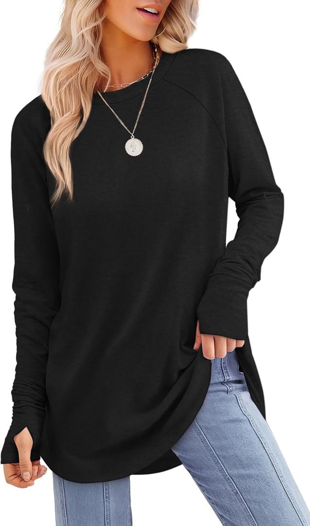 XIEERDUO Womens Tunic Tops to Wear with Leggings Long Sleeve Thumb Hole Shirts Crew Neck Curved Hem XL 