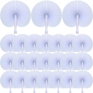 Yulejo 100 Packs White Wedding Fan Round Folding Paper Fans with Plastic Handle Pocket Decorative for Wedding Celebration DIY Birthday Party Favors