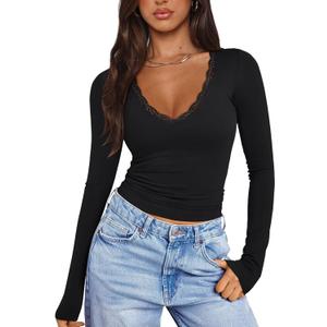 PINKMSTYLE Women Sexy V Neck Lace Long Sleeve Shirts Basic Fitted Double Lined Going Out Y2K Trendy Fall Tops (Medium, Black)