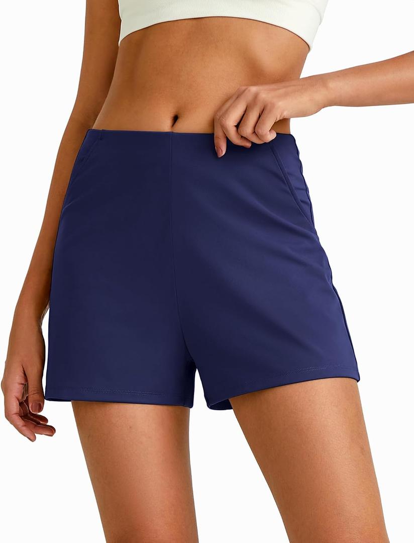 G4Free Casual Shorts for Women 3'' Athletic Shorts Elastic Waist Running Shorts Summer Shorts with Pockets (Blue)