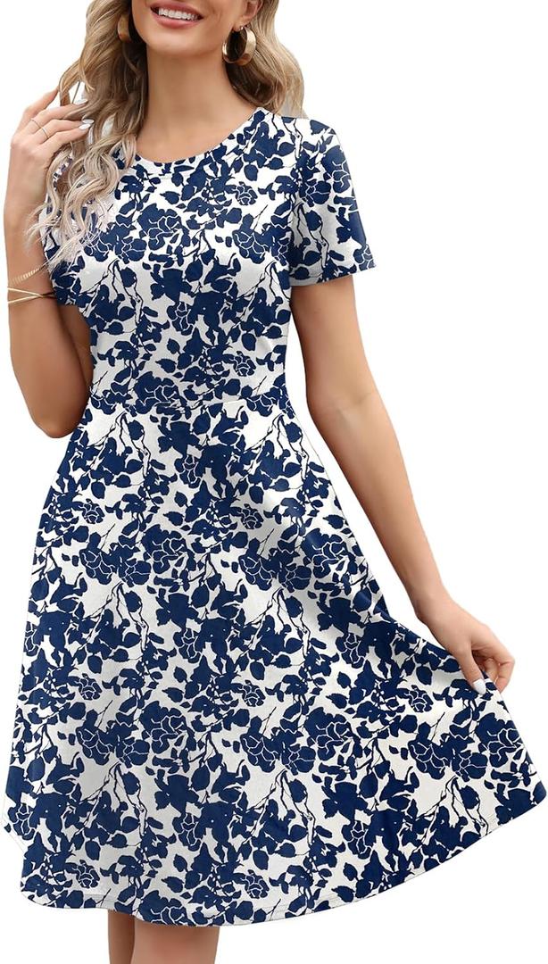 Women's Elegant Vintage Summer Casual Dresses Knee Length Floral Print Work A-Line Dress with Pockets 262 L