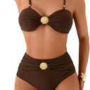 Women's 2 Piece Bikini Set Metal Shell Beaded Ruched Swimsuit High Waisted Bathing Suit (Large, Multicolor)