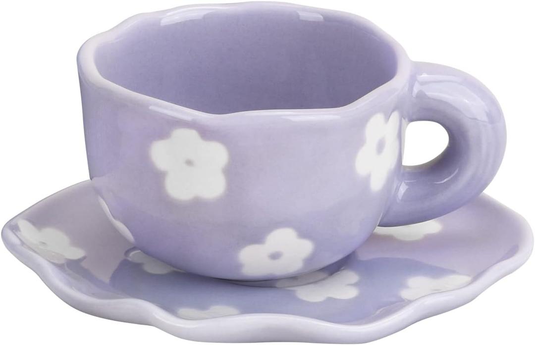 Koythin Ceramic Coffee Mug with Saucer Set, Cute Creative Cup Unique Irregular Saucer Design for Office and Home, 6 oz/180 ml for Latte Tea Milk (Purple Flower)