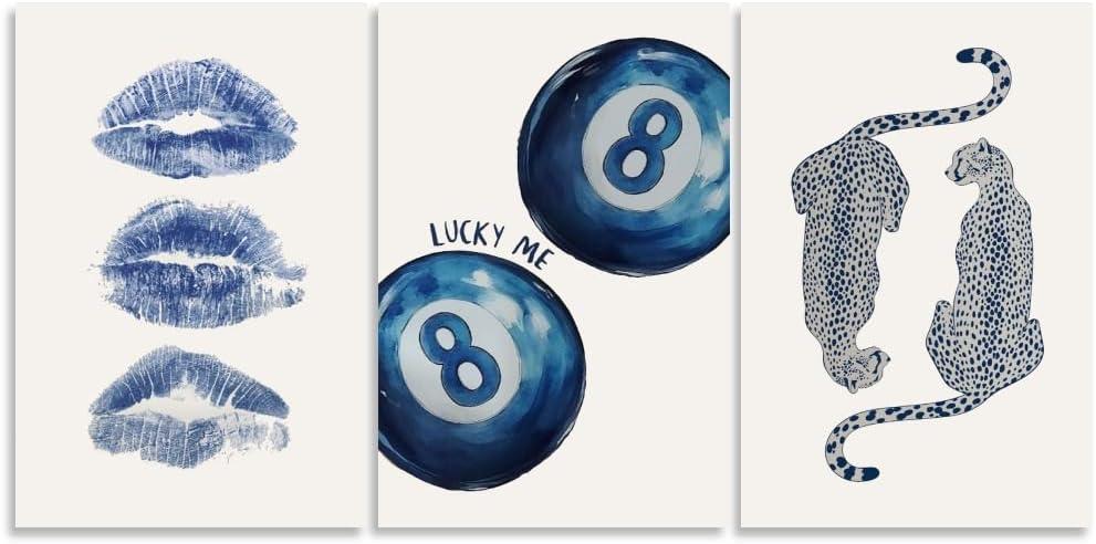 Navy Canvas Wall Art Set Retro 8 Ball Poster Blue Cheetah Print Trendy Kiss Lips Art Prints Preppy Aesthetic Dorm Room Decor Trendy Blue Painting Picture for Apartment Bedroom 12x18inch Unframed