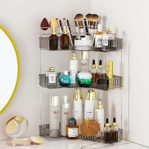 SUNZOS Modern 3-Tier Bathroom Organizer, Corner Makeup Storage with Brush Holder, Acrylic Vanity Organizer, Large Capacity Countertop Organizer for Kitchen, Dresser, Gray