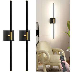 31.5 Inch Battery Operated Wall Sconce Set of Two, 8000mAh USB Rechargeable Wall Sconce with Remote Control, 360Rotate Dimmable 3000K-6000K LED Wall Lights for Living Room, Hallway, Bedroom, (2 Pack) (Black and Gold)
