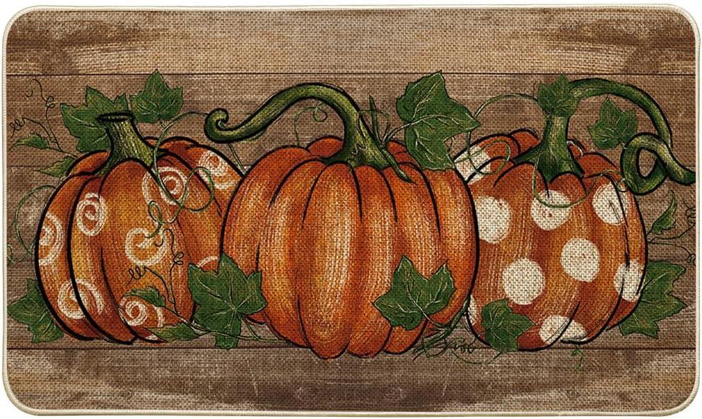 Artoid Mode Wood Dot Pumpkin Leaves Fall Doormat, Autumn Home Decor Low-Profile Switch Rug Door Mat Floor Mat for Indoor Outdoor 17x29 Inch (Brown)