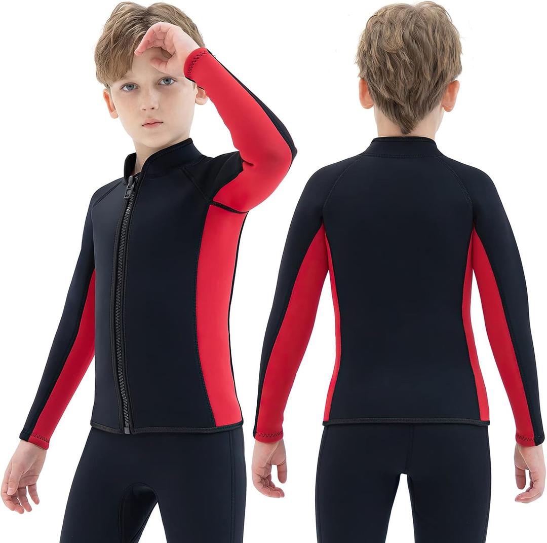 Kids Wetsuit Top Jacket for Boys Girls Toddler Youth, Children's Wet Suit Shirt Neoprene 3mm Long Sleeve Front Zipper Swimsuit for Swimming Surfing Dive Snorkeling Water Sports (Size: 14)