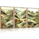 Aurlan Abstract Mountain Landscape Wall Art Set(16”x24”), 3 Pieces Green Forest Nature Framed Canvas Artwork, Large Boho Minimalist Watercolor Scenery Wall Decor for Office Bedroom Living Room