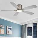 52 Inch Low Profile Ceiling Fans with Lights and Remote, Flush Mount Modern Ceiling Fan, 3CCT Dimmable DC Ceiling Fan for Bedroom, Living Room, Brushed Nickel
