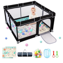 Pusega Baby Playpen with Mat, 79”×71” Playpen, Durable and Secure Baby Play Pen, Indoor & Outdoor Kids Activity Play Center. Equipped with Anti-Slip Suckers and a Zipper Gate, Anti-Fa（Black）