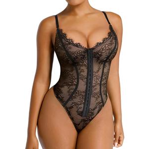 SHAPELLX Lace Bodysuit for Women Tummy Control Shapewear Backless Body Suits One Piece Body Shaper Thongs (Large, Black)