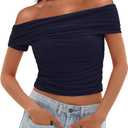 Darong Women Mesh Off The Shoulder Top Short Sleeve Double Lined Ruched Shirts Trendy Going Out Tops Summer Fashion Clothes (Blue, XS)