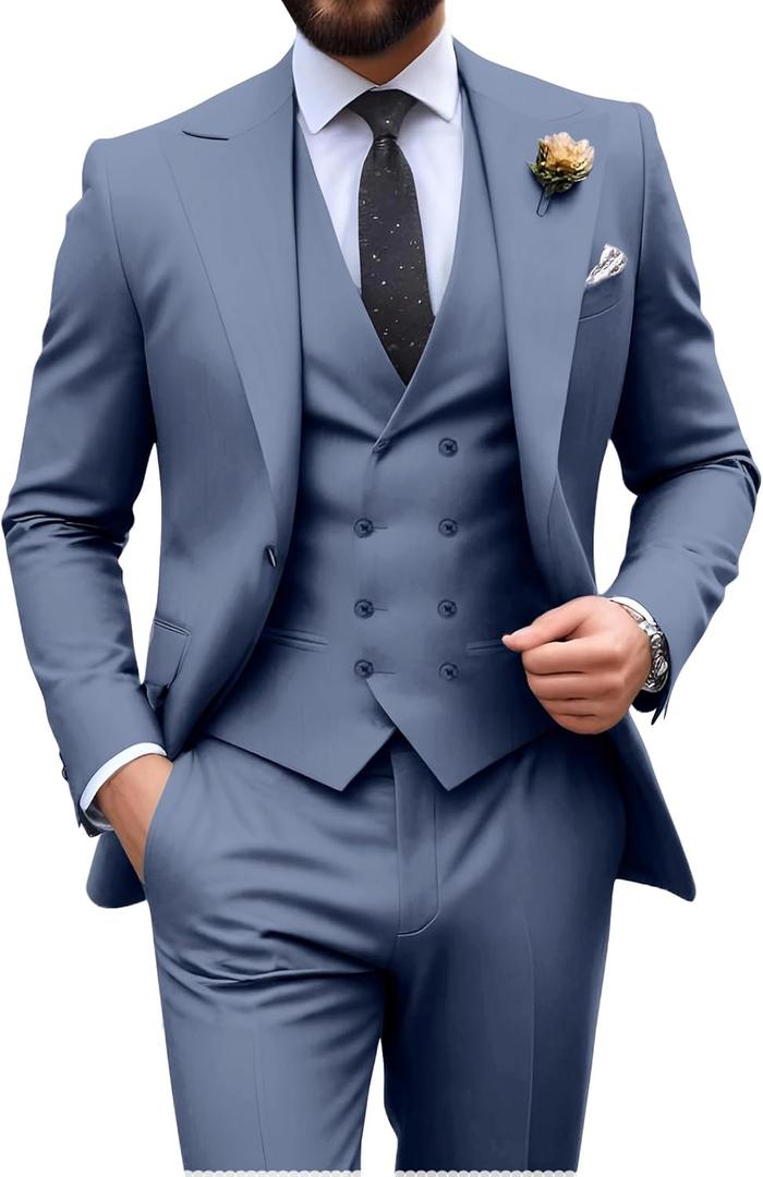 Mens Suit Slim Fit 3 Piece Double Breasted Suit Men Formal Tuxedo Set Casual Wedding Prom Groom Suits XXL