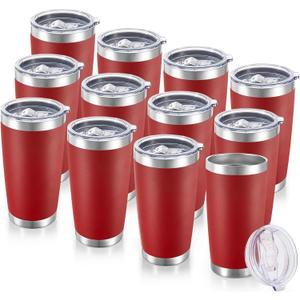 20 oz Tumblers Bulk Stainless Steel Tumbler with Lid Double Wall Vacuum Insulated Coffee Mug 20oz Powder Coated Cup for Hot and Cold Drinks, Red, 12 pack