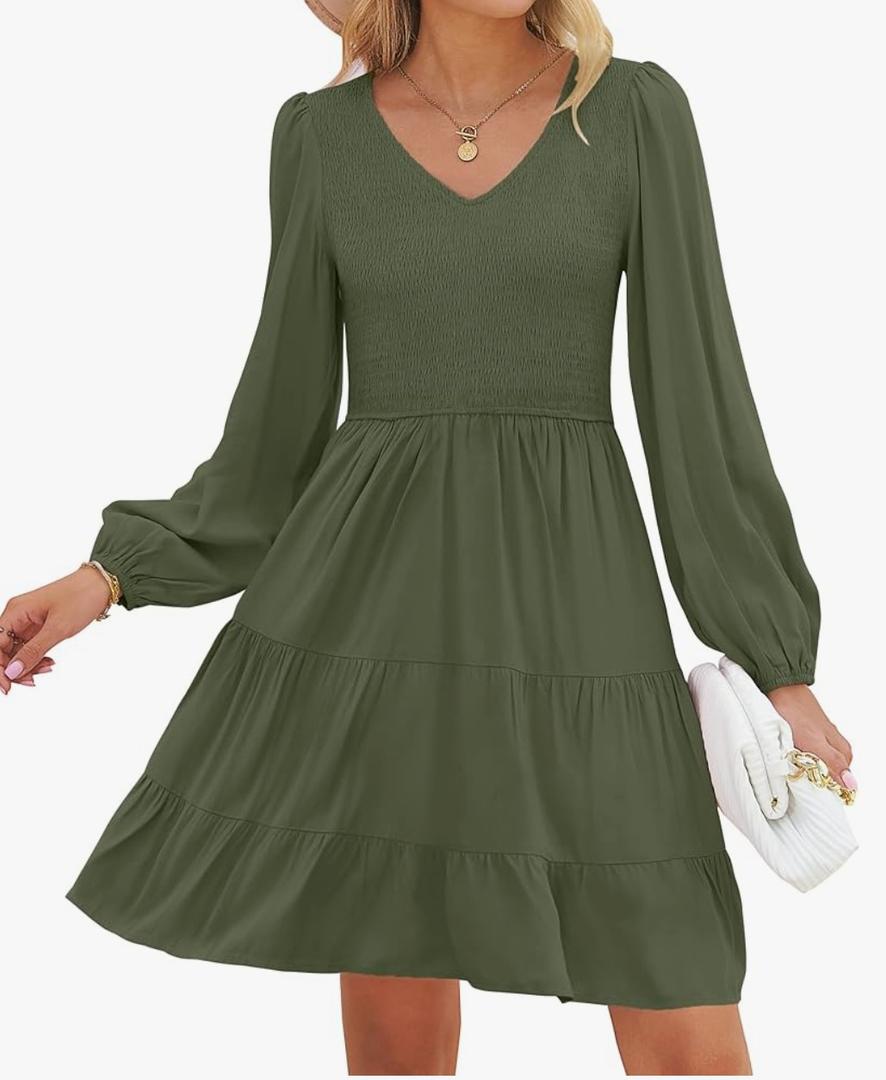 ZESICA Women's Casual V Neck Long Sleeve Smocked High Waist Ruffle A Line Tiered Mini Dress M
