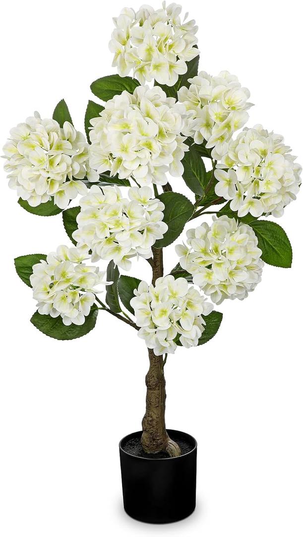 Hollyone 3FT White Hydrangea Artificial Flowers Tree Large Real Touch Faux Silk Hydrangea Plants Potted Fake Flower in Black Pot for Home Indoor Outdoor Front Porch Garden Entrance Living Room Decor