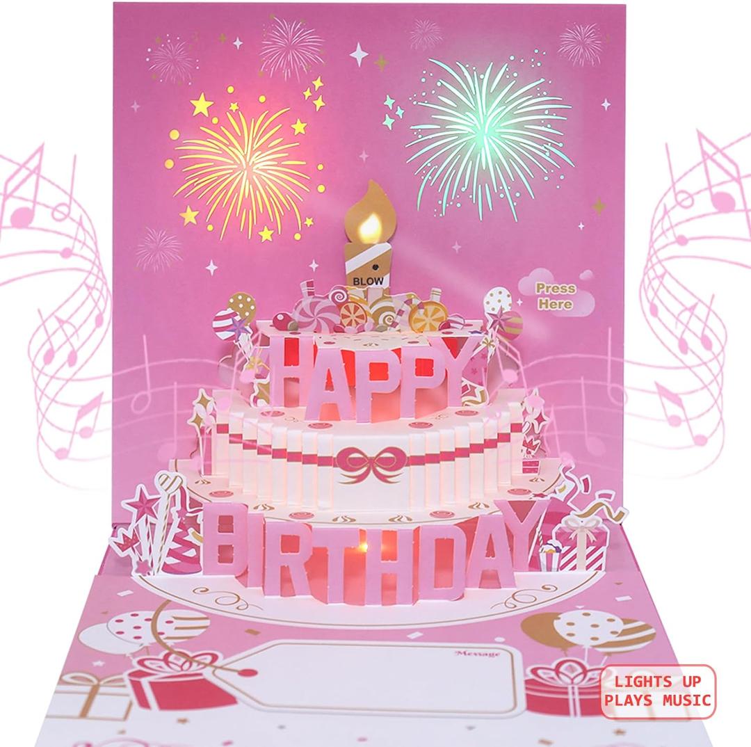 Musical Birthday Cards with Light and Music, Blowable, 3D Birthday Popup Cards for Men & Women Plays Hit Song 'HAPPY Birthday' (Pink)