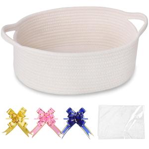 COMSE Small Woven Basket with Gift Bags and Ribbons, Gift Basket Empty, Cotton Rope Storage Organizer, Baby Toy Box with Handles, 12" x 8" x 5", White