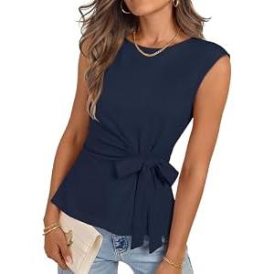 MEROKEETY Tops for Women Dressy Casual 2026 Summer Tie Front Boat Neck Cap Sleeve Business Work Blouses Shirts, Navy, Medium
