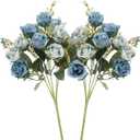 5 Stems 10 Heads Artificial Flowers Small Roses with Leaf Bouquet for Valentines Decoration Kitchen Wedding Office (2 Pack, Blue)