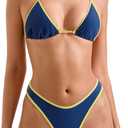 SUUKSESS Women Sexy Thong String 2 Piece Bikini Set Cheeky Halter Swimsuit (4-6, 71 Yellow Navy Blue)